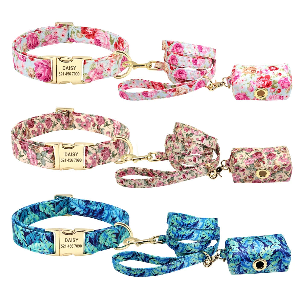 Blossom & Bond Custom Floral Dog Collar & Leash Set with Treat Bag