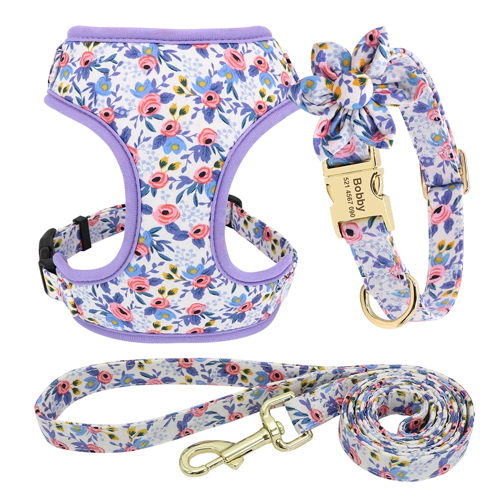 Personalized Floral Dog Collar, Leash & Harness Set with Free Engraving - For Small to Large Breeds