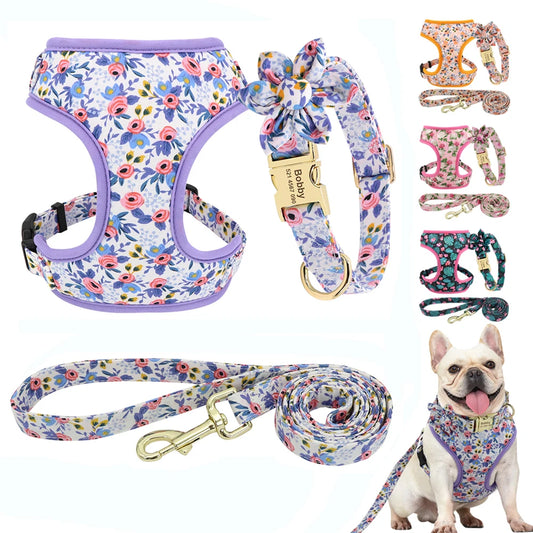 Personalized Floral Dog Collar, Leash & Harness Set with Free Engraving - For Small to Large Breeds