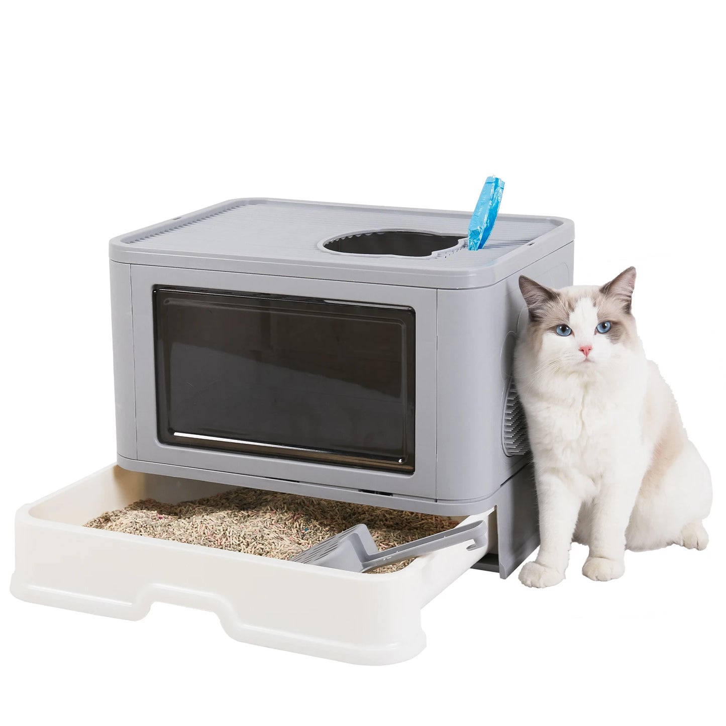 Foldable Cat Litter Box – Enclosed Toilet with Top Exit & Massager