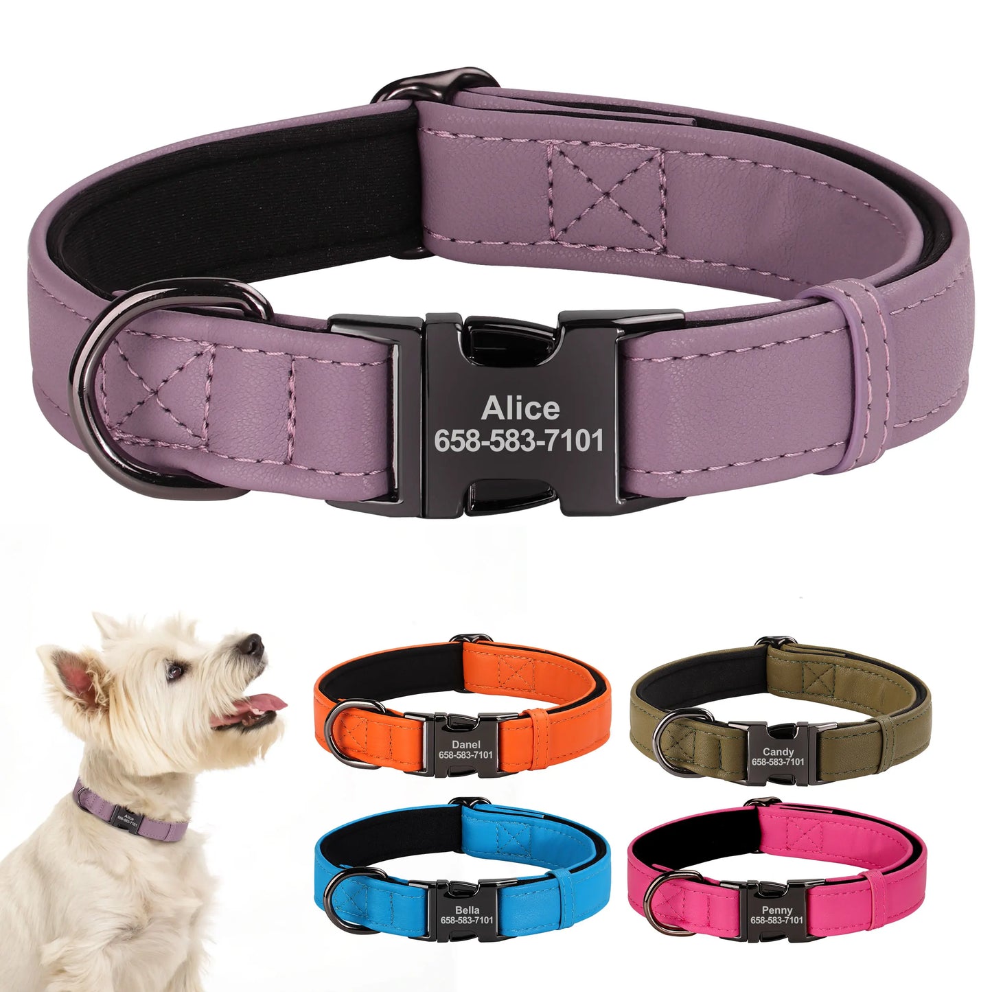 Custom PU Leather Dog Collar – Soft Padded with Engraved Name, Phone Number, ID