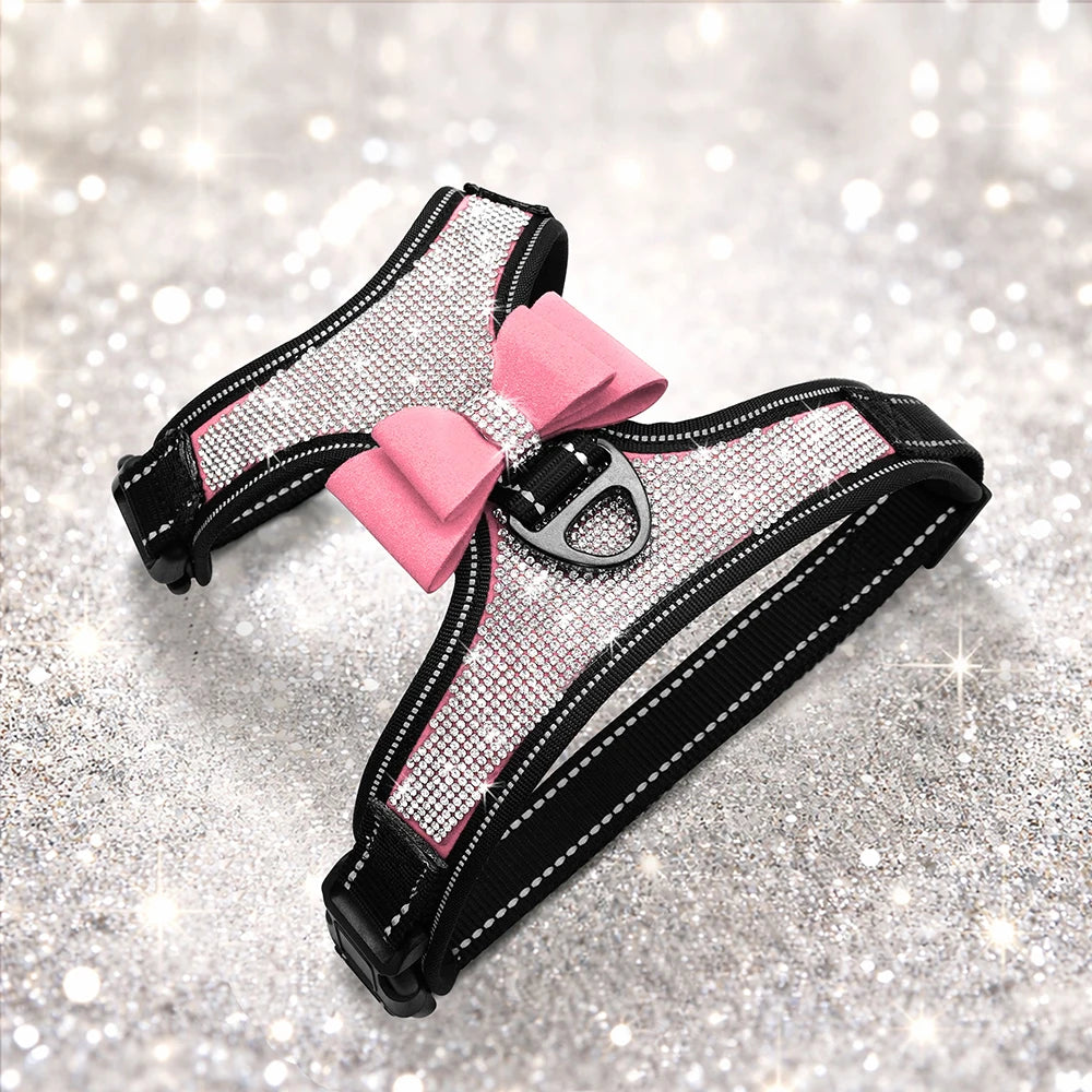 Rhinestone Reflective Dog Vest Harness – Elegant Bowknot Padded Comfort for Small and Medium Breeds