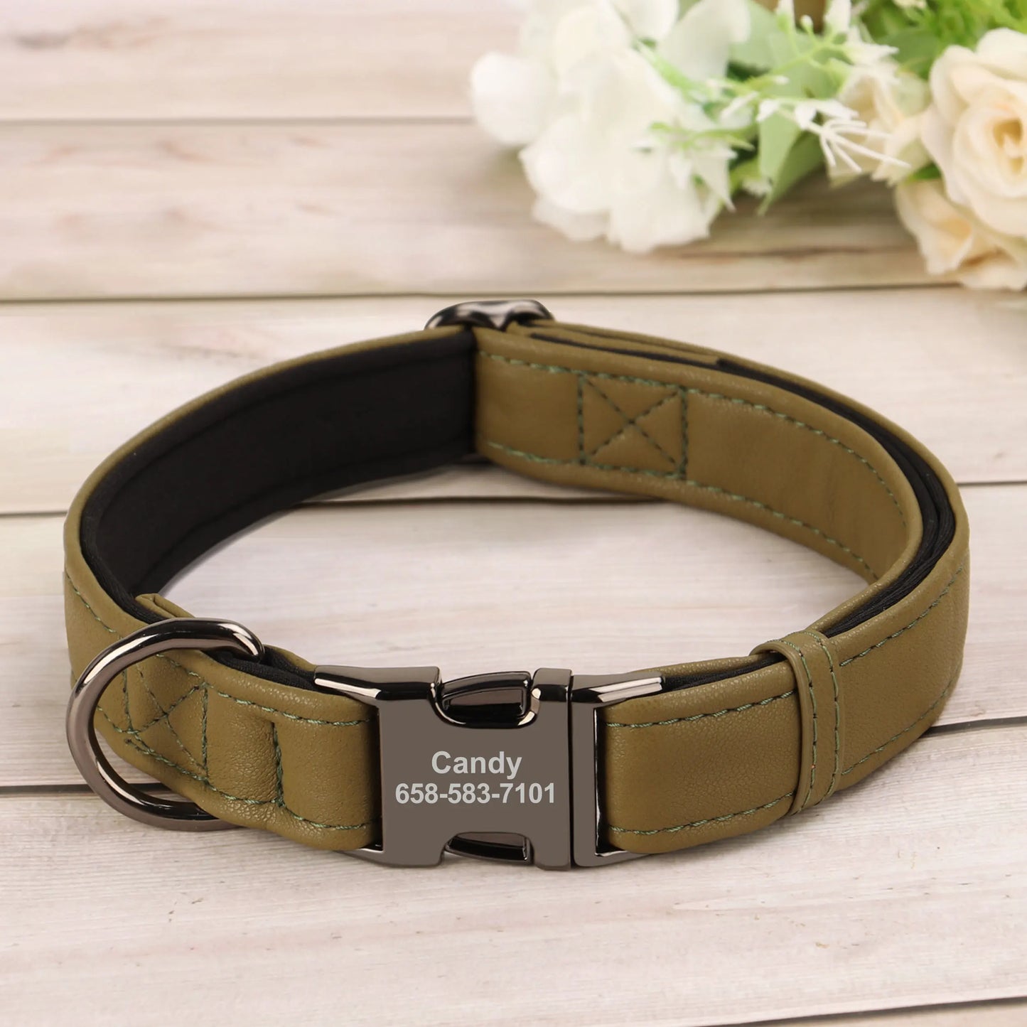 Custom PU Leather Dog Collar – Soft Padded with Engraved Name, Phone Number, ID