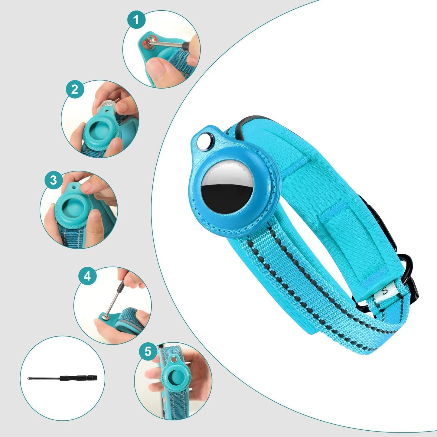 Reflective AirTag Dog Collar with Adjustable Holder for Small to Large Dogs