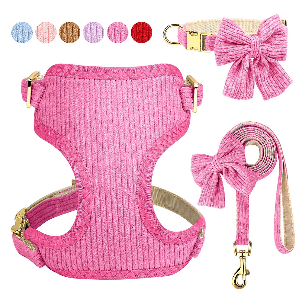 3-Piece Velvet Dog Collar, Harness & Leash Set with Bowknot Charm