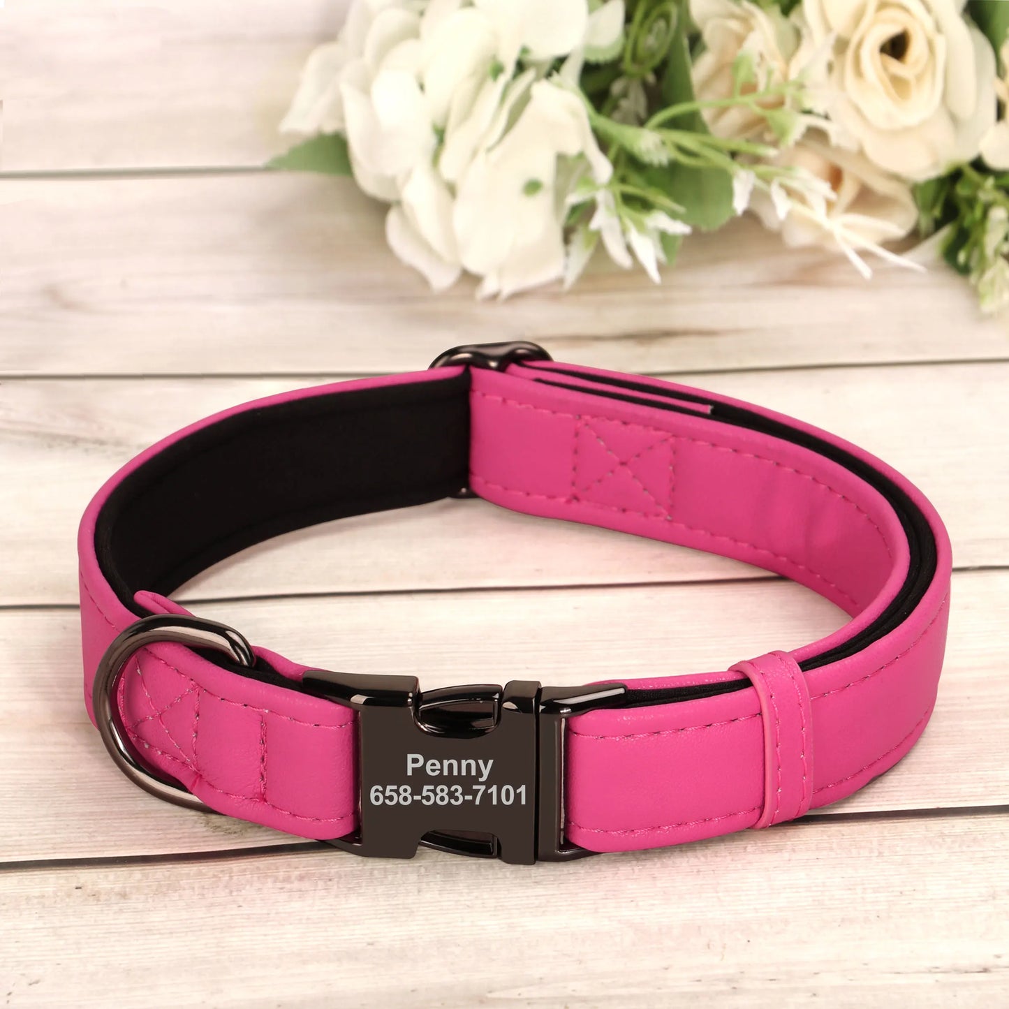 Custom PU Leather Dog Collar – Soft Padded with Engraved Name, Phone Number, ID