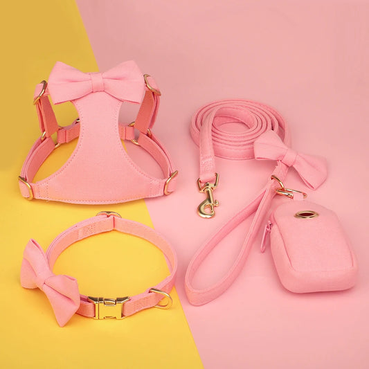 BowTie Charm 4-Piece Walking Set – Soft Vest Harness, Collar, Leash, and Poop Bag Holder