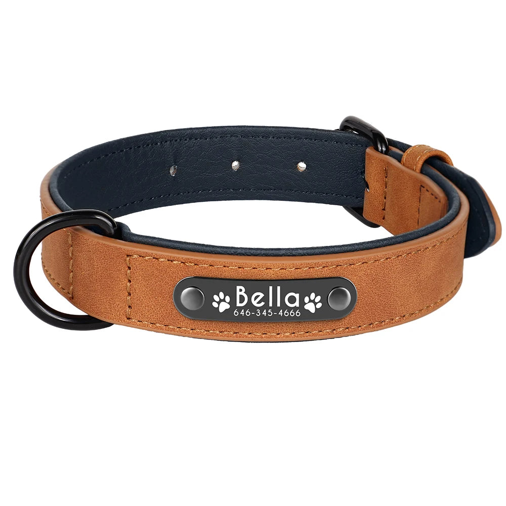 Personalized Comfort PU Leather Dog Collar - Free Engraved Paw Necklace