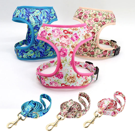 VibrantVibe Floral Mesh Harness, Collar, and Leash Set – Breathable No-Pull Walking Comfort with Engravable ID