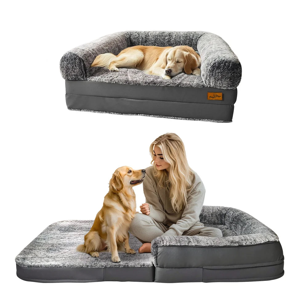 Foldable 2-in-1 Human & Dog Calming Bed with Plush Cover