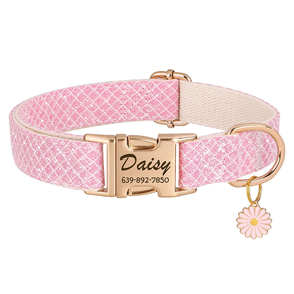 Personalized Bling Nylon Dog Collar – Custom Elegance with Flower Charm