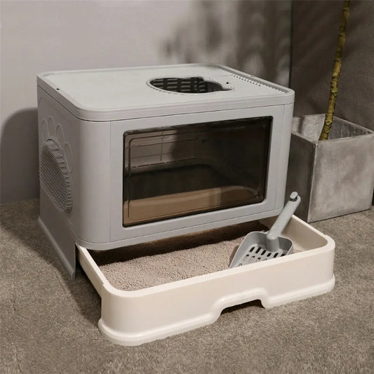 Foldable Cat Litter Box – Enclosed Toilet with Top Exit & Massager