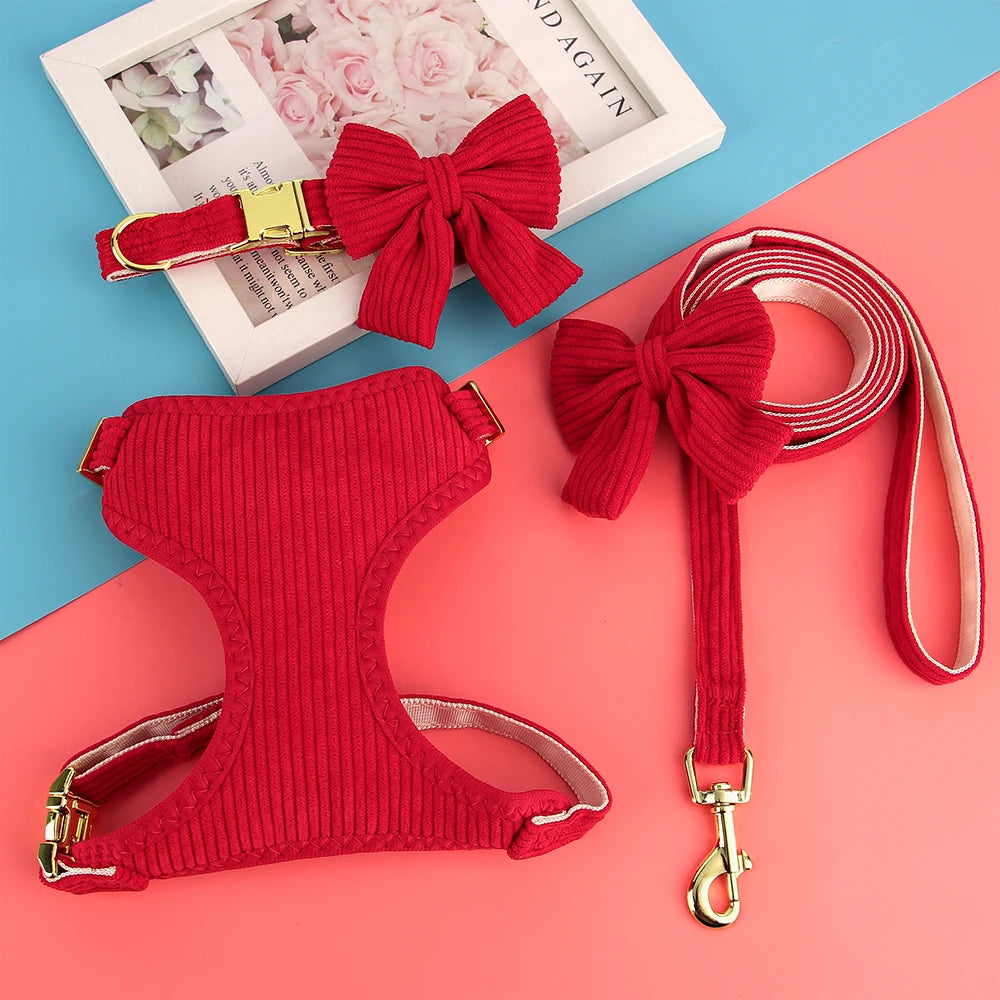 3-Piece Velvet Dog Collar, Harness & Leash Set with Bowknot Charm
