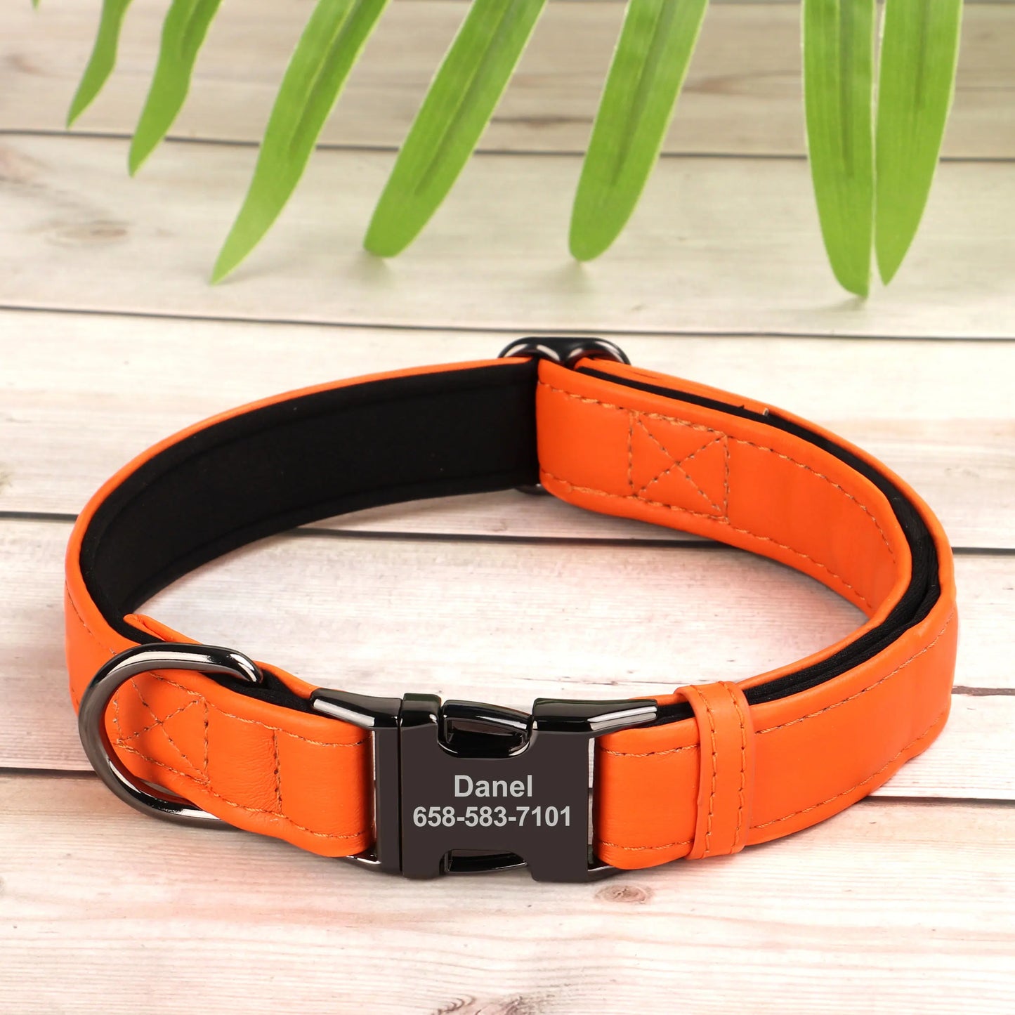 Custom PU Leather Dog Collar – Soft Padded with Engraved Name, Phone Number, ID