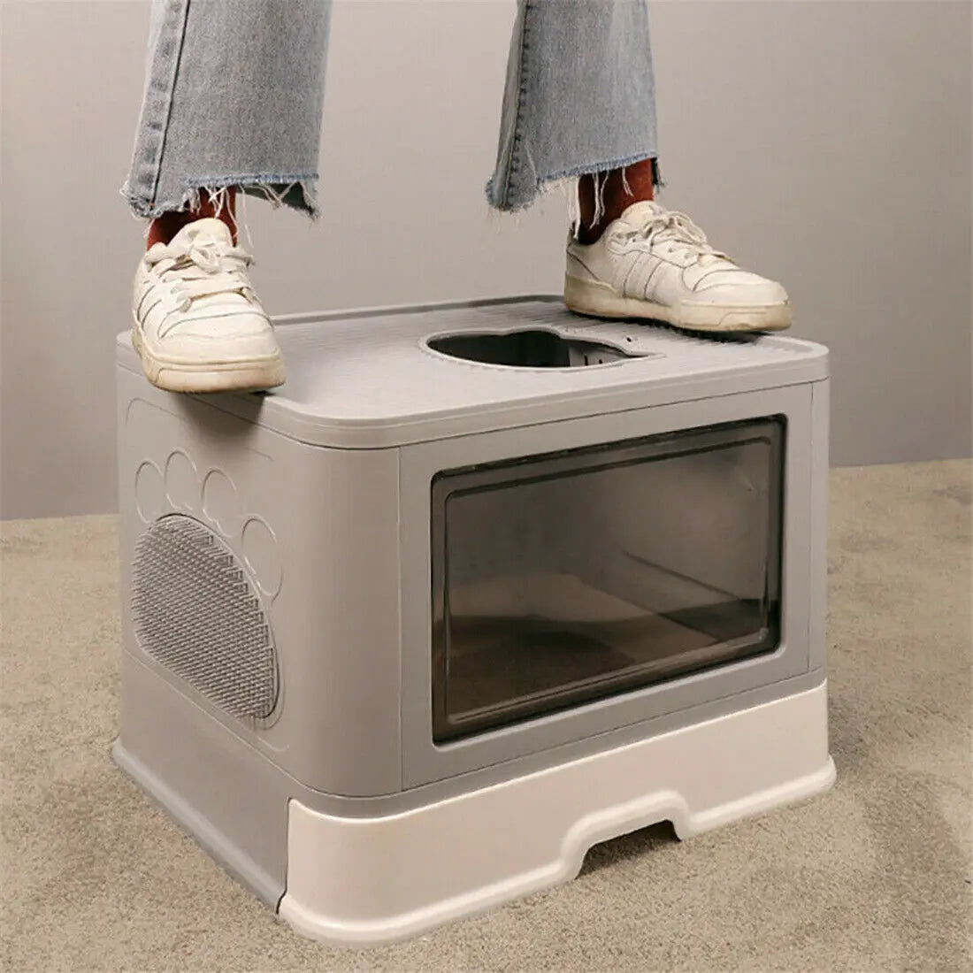 Foldable Cat Litter Box – Enclosed Toilet with Top Exit & Massager