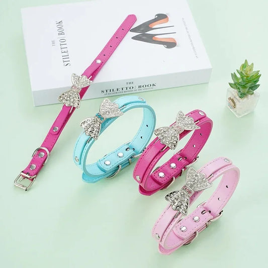 SparkleBow Premium PU Leather Collar – Glamorous Rhinestone Bowknot Accent for Dogs and Cats