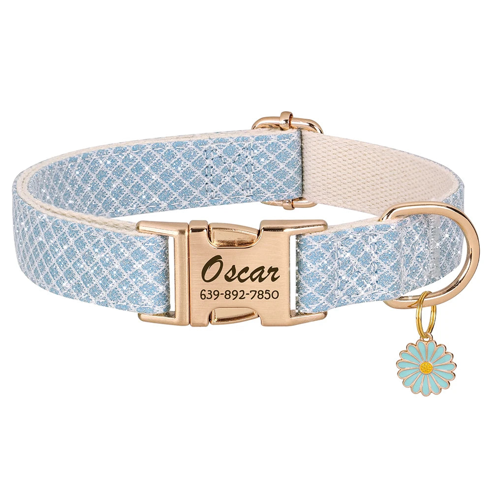 Personalized Bling Nylon Dog Collar – Custom Elegance with Flower Charm