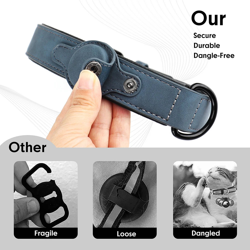 High-Quality Leather GPS Tracker Dog Collar Adjustable Anti-Lost AirTag for Small to Medium Dogs