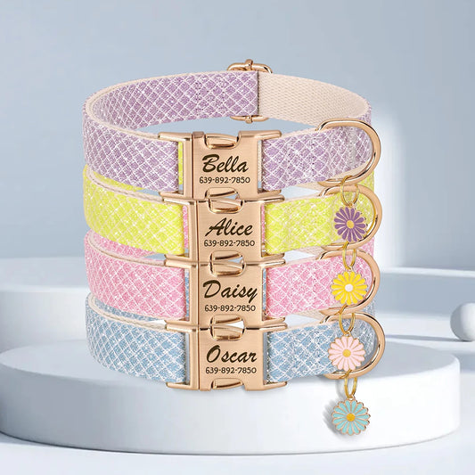 Personalized Bling Nylon Dog Collar – Custom Elegance with Flower Charm