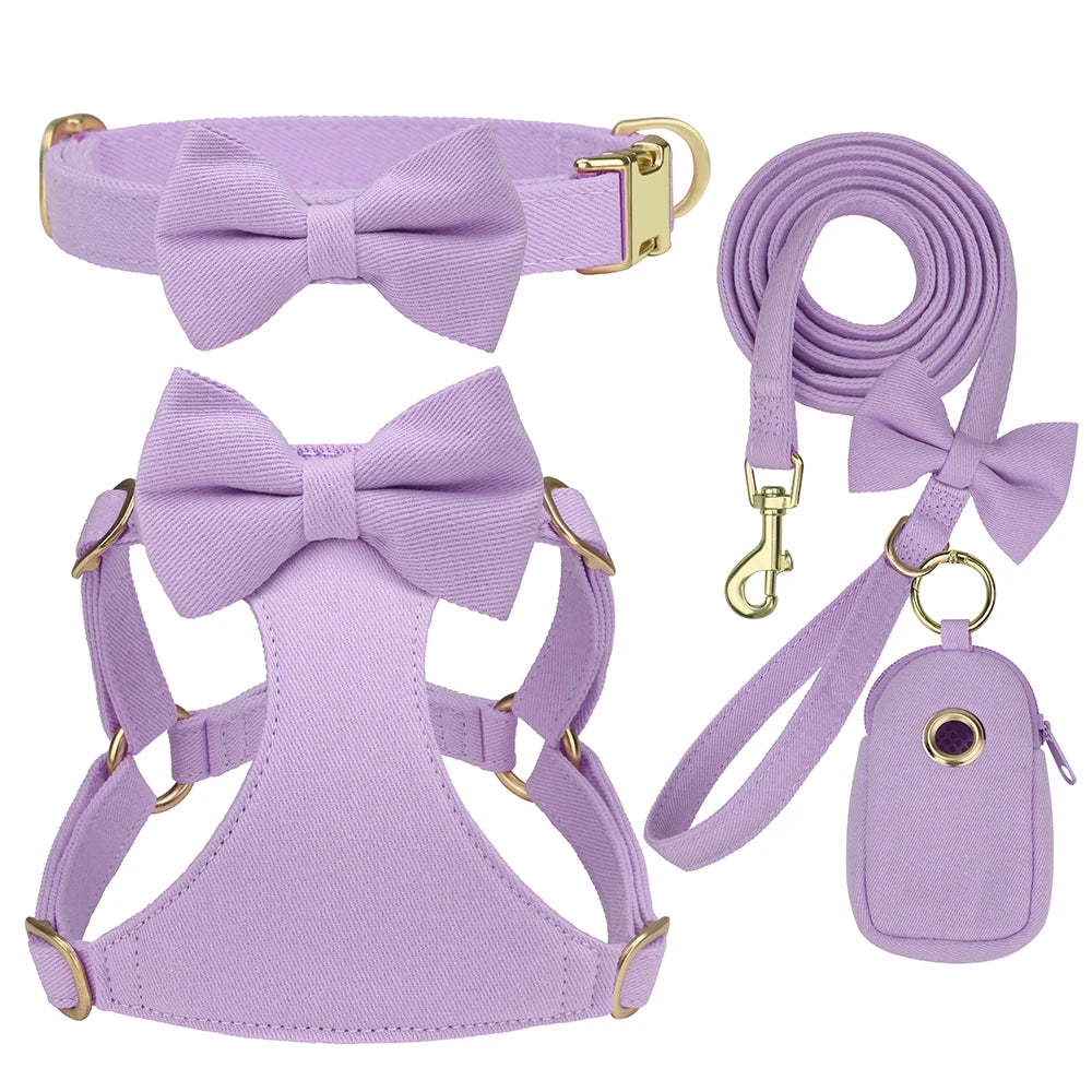 BowTie Charm 4-Piece Walking Set – Soft Vest Harness, Collar, Leash, and Poop Bag Holder