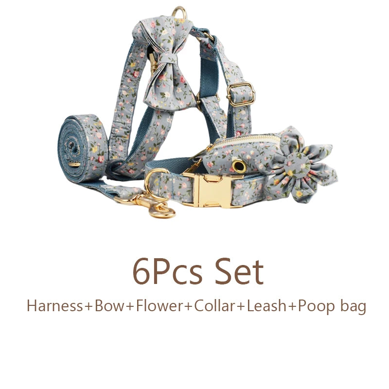 Custom Engraved Floral Dog Collar & Leash Set Tailored Elegance for Every Dog