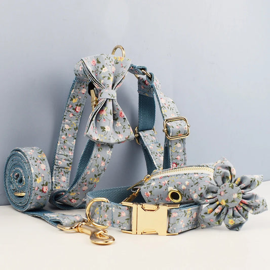 Custom Engraved Floral Dog Collar & Leash Set Tailored Elegance for Every Dog