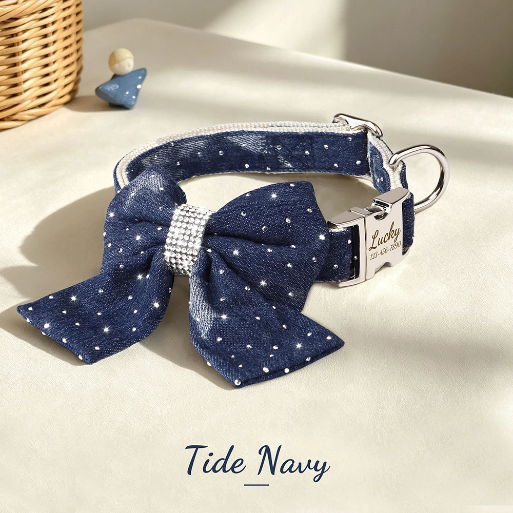 DenimDazzle Personalized Bow Dog Collar - Classic Denim Style with Custom Engraving