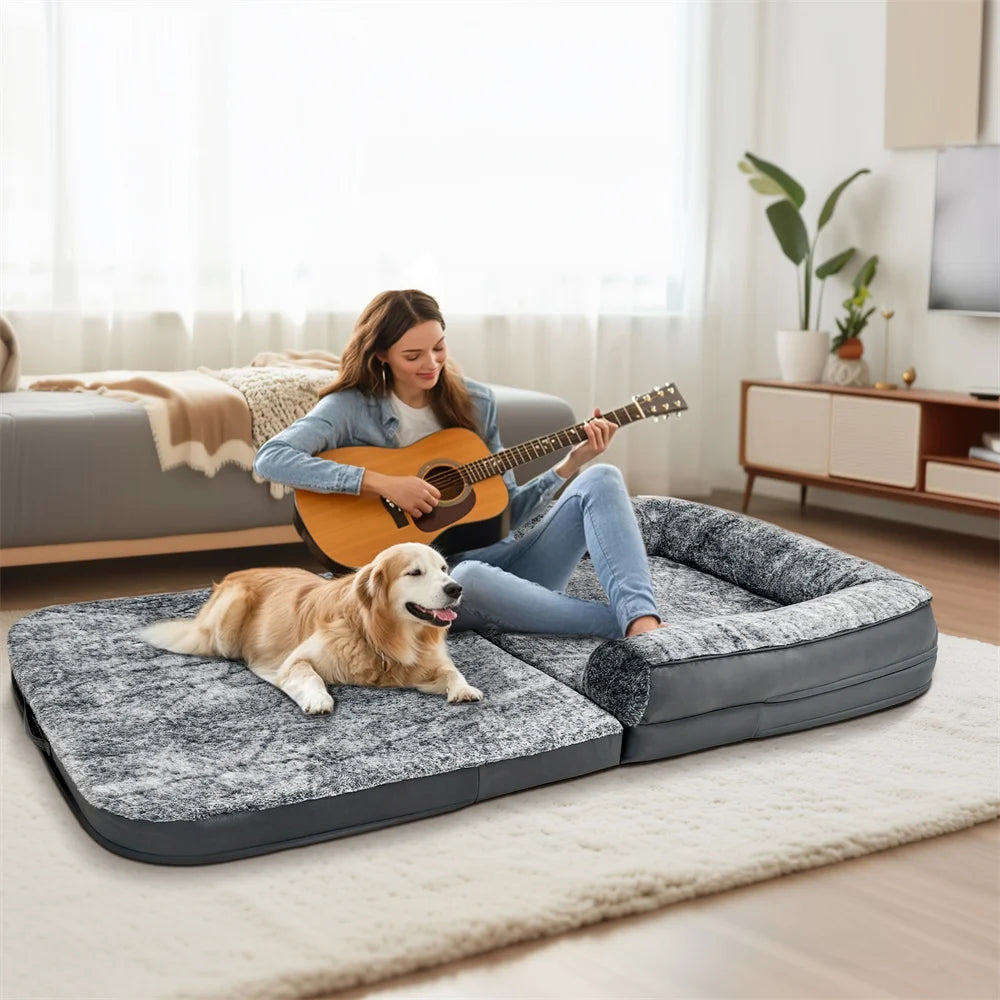 Foldable 2-in-1 Human & Dog Calming Bed with Plush Cover
