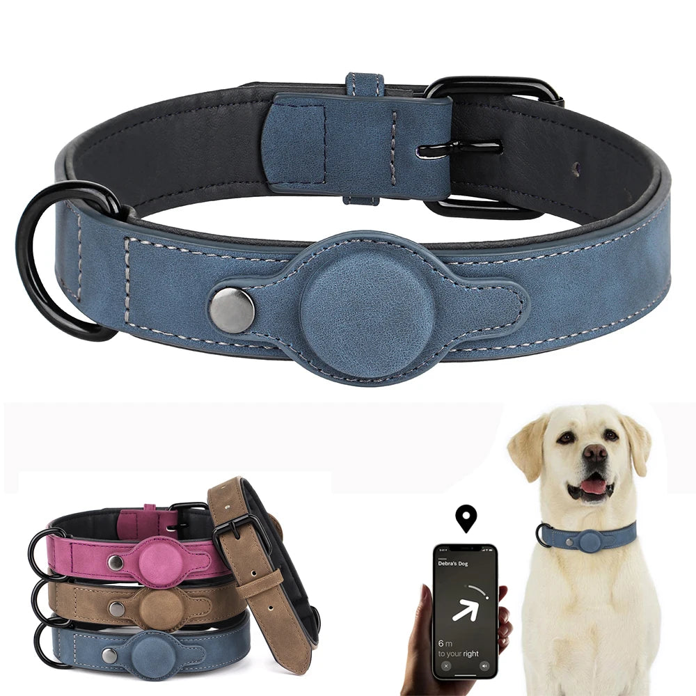 High-Quality Leather GPS Tracker Dog Collar Adjustable Anti-Lost AirTag for Small to Medium Dogs