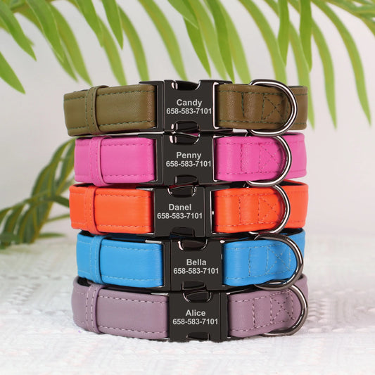 Custom PU Leather Dog Collar – Soft Padded with Engraved Name, Phone Number, ID