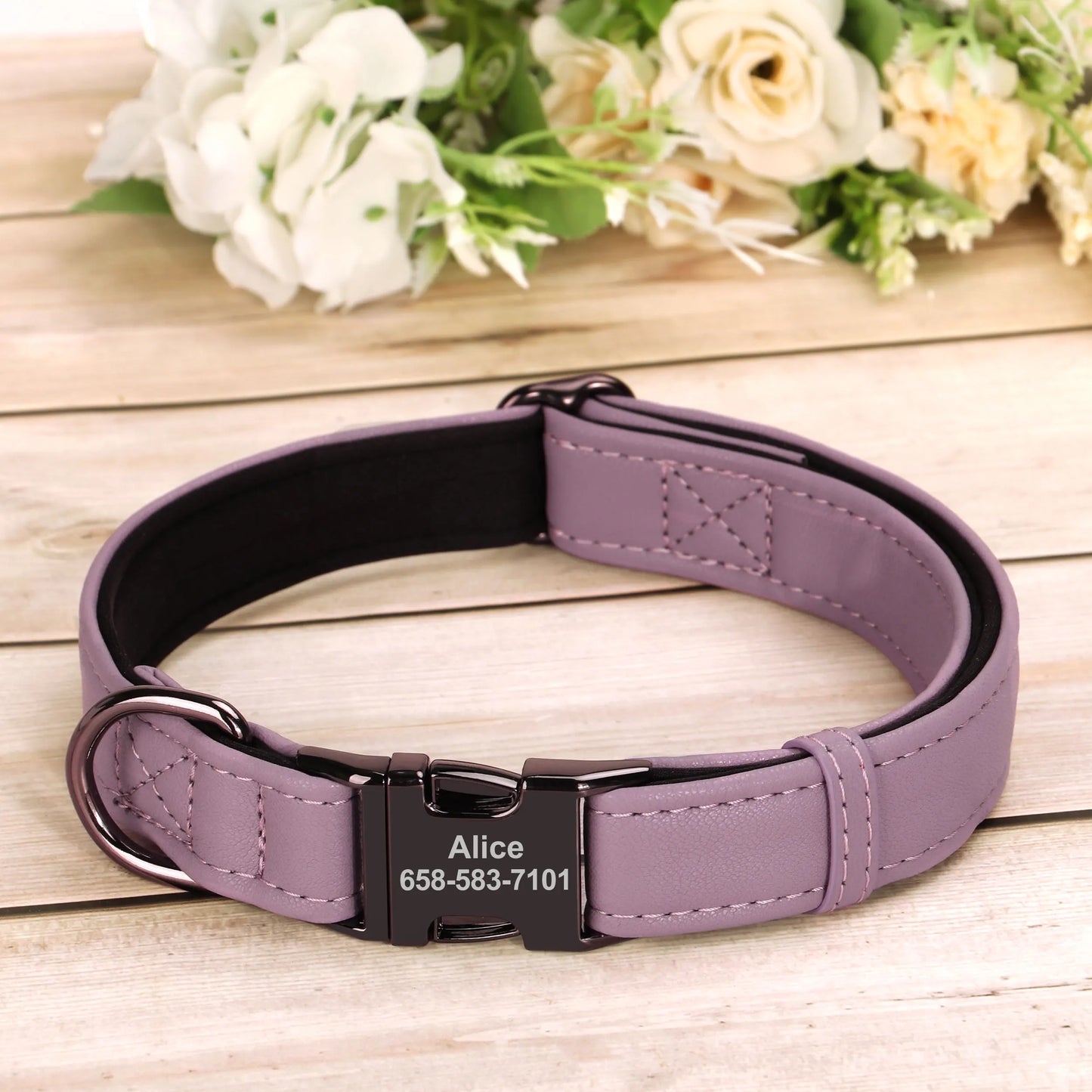 Custom PU Leather Dog Collar – Soft Padded with Engraved Name, Phone Number, ID
