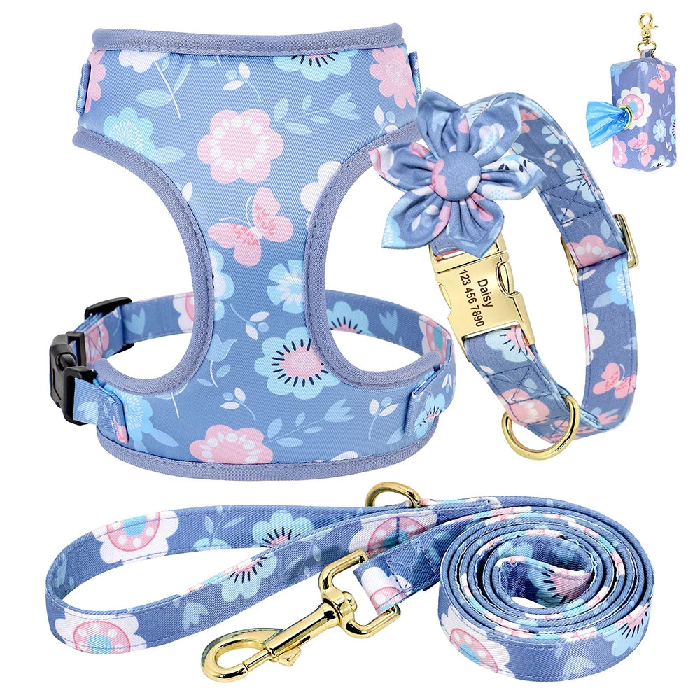 4-Piece Personalized Floral Dog Set: Engraved Collar, Harness, Leash & Treat Bag