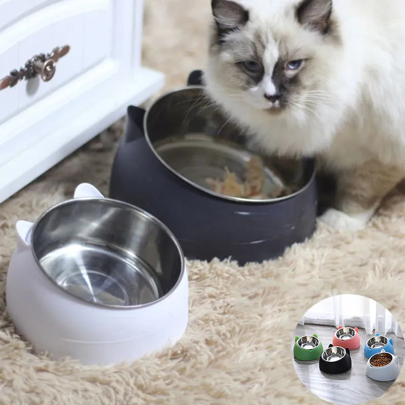Stainless Steel Cat Bowl with Non-Slip Base – 15° Neck Protection Design
