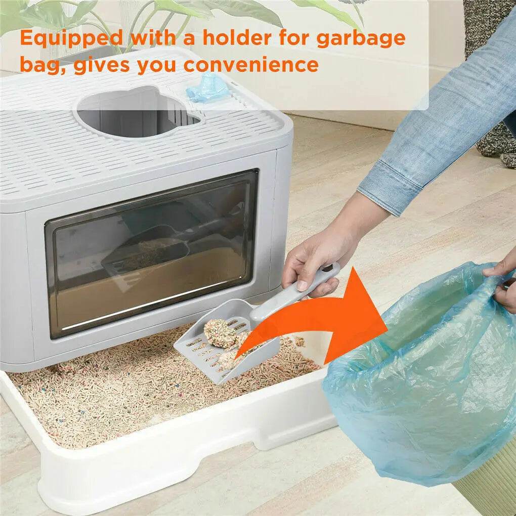 Foldable Cat Litter Box – Enclosed Toilet with Top Exit & Massager