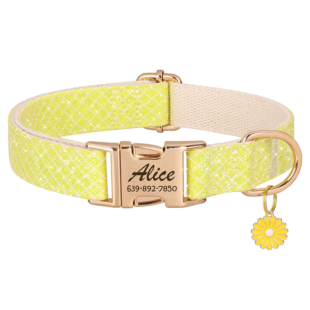 Personalized Bling Nylon Dog Collar – Custom Elegance with Flower Charm