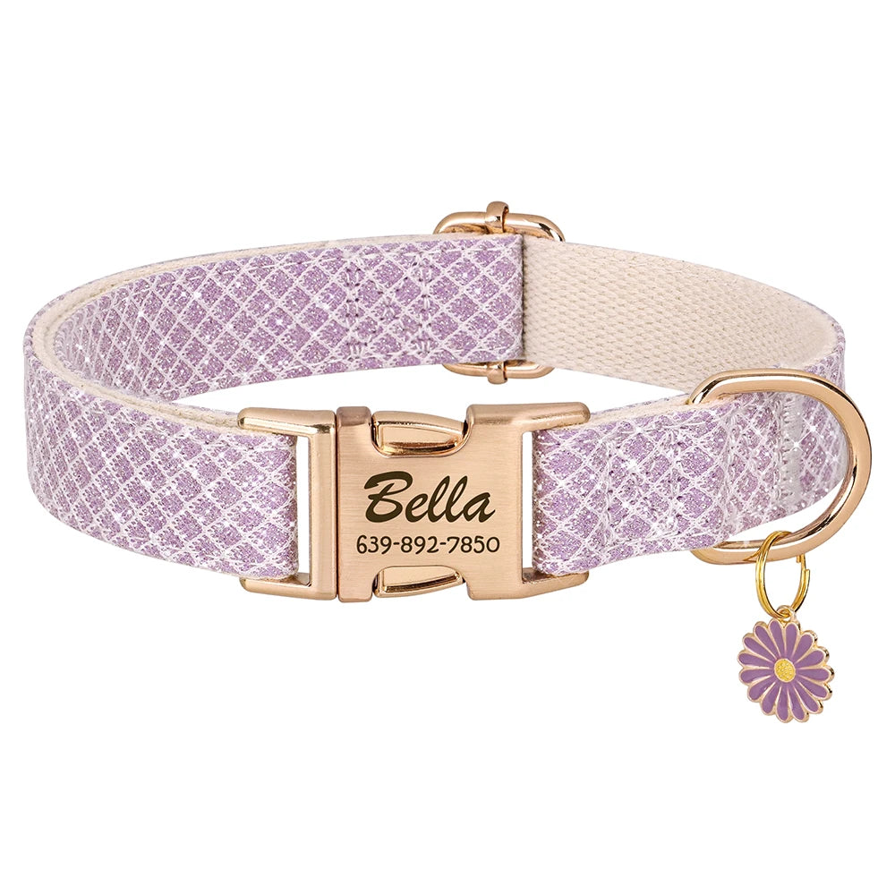 Personalized Bling Nylon Dog Collar – Custom Elegance with Flower Charm