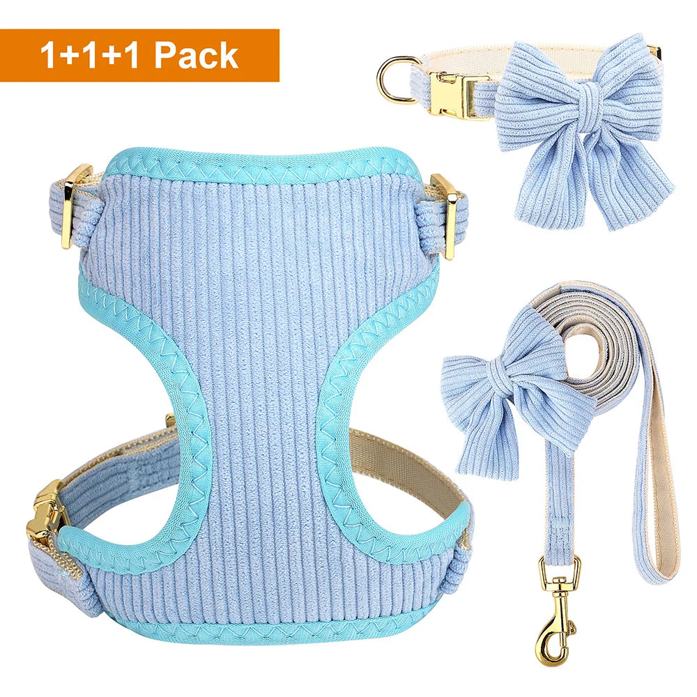 3-Piece Velvet Dog Collar, Harness & Leash Set with Bowknot Charm
