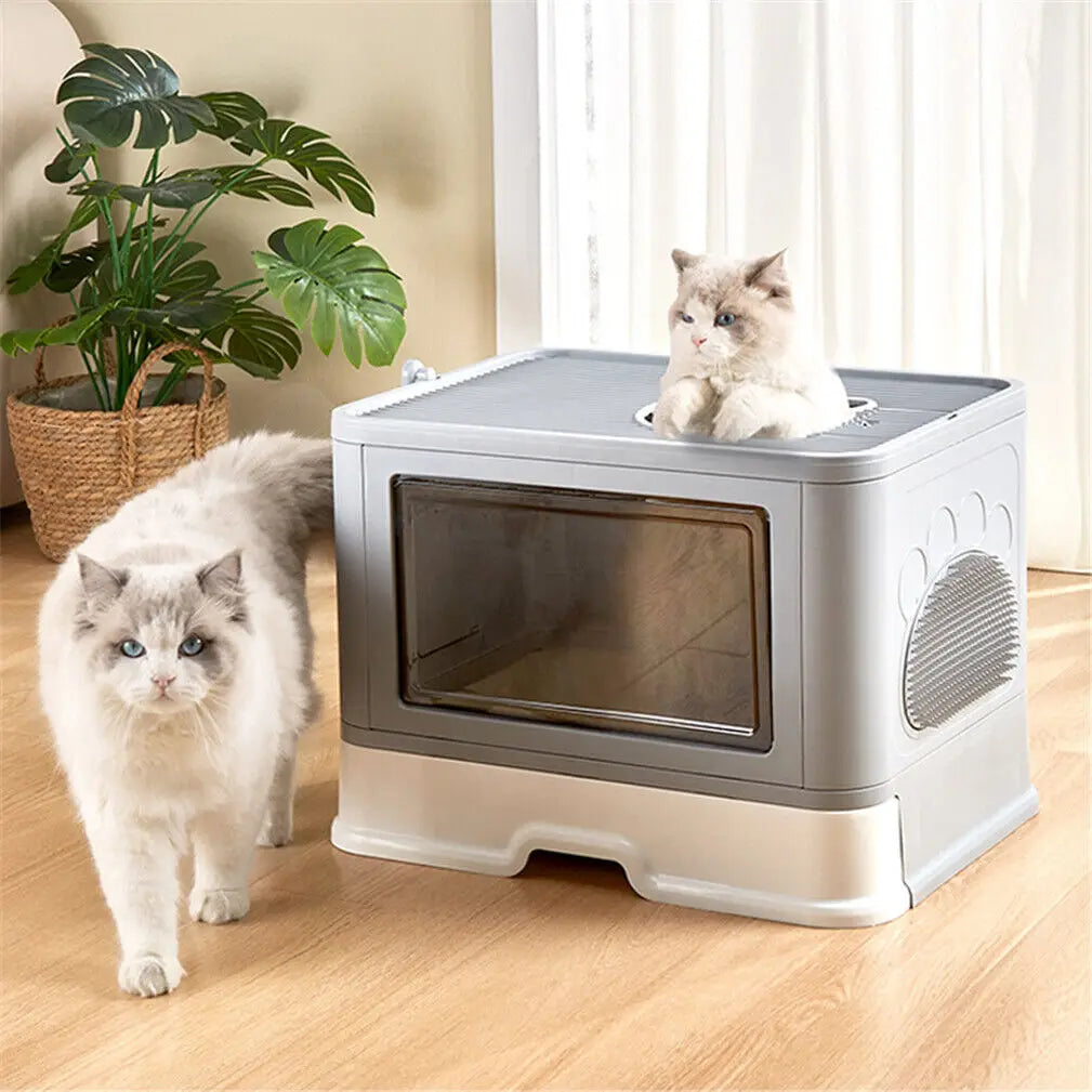 Foldable Cat Litter Box – Enclosed Toilet with Top Exit & Massager