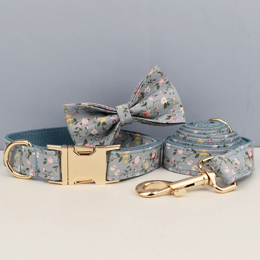 Custom Engraved Floral Dog Collar & Leash Set Tailored Elegance for Every Dog