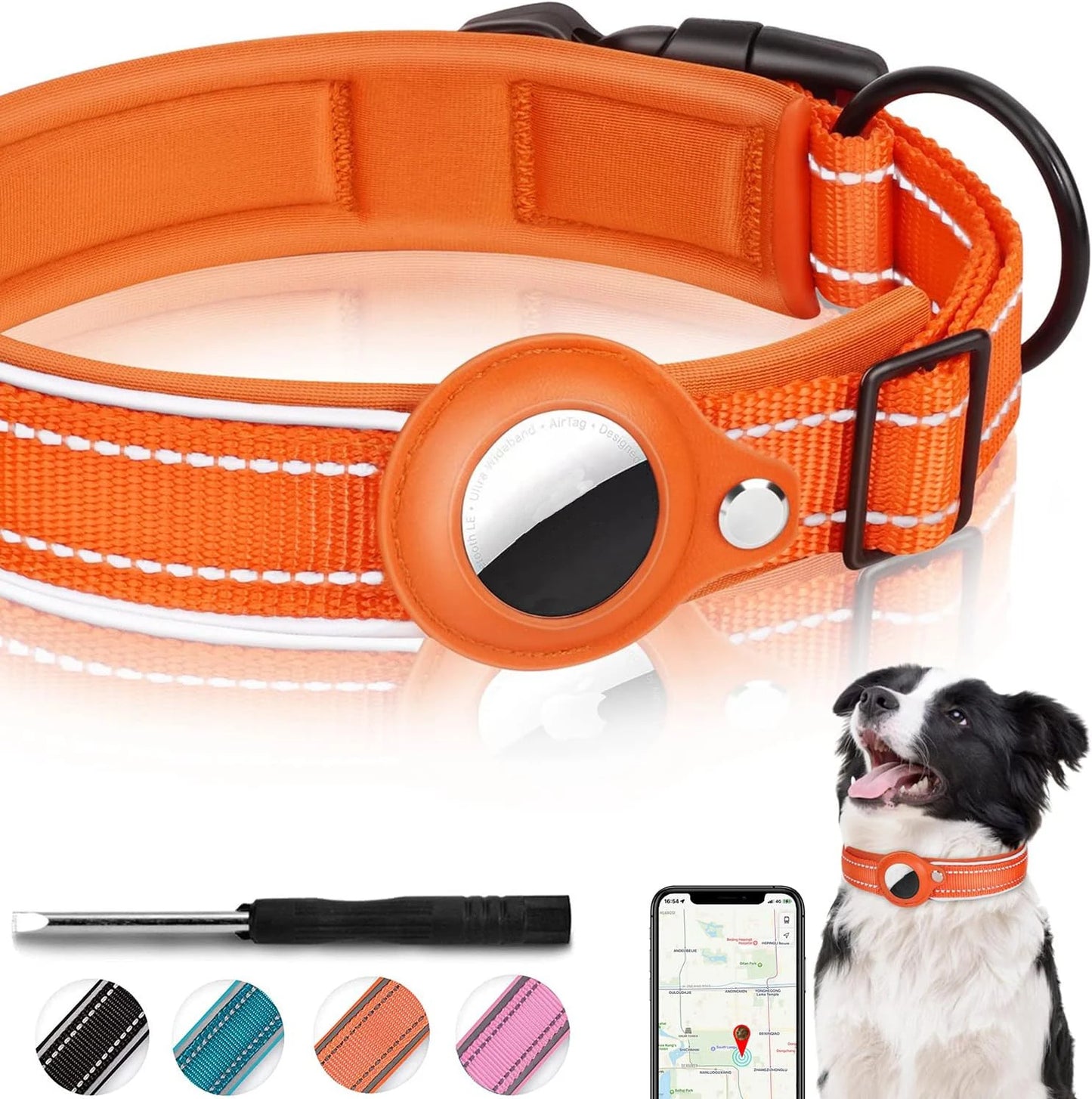 Reflective AirTag Dog Collar with Adjustable Holder for Small to Large Dogs