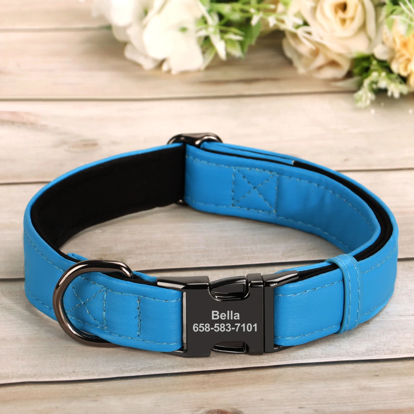 Custom PU Leather Dog Collar – Soft Padded with Engraved Name, Phone Number, ID