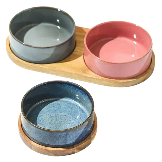 Ceramic Pet Bowl with Wooden Tray - Spine Protection & Rollover Prevention