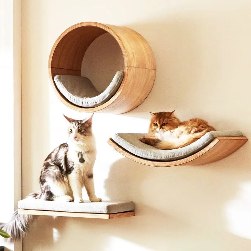 WhiskerWonder Wall-Mounted Cat Playground - Wooden Climbing Shelves & Sisal Scratcher