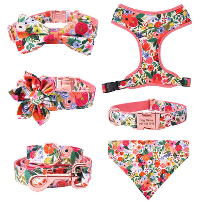 Elegant Floral Dog Harness Set with Personalized Collar & Leash