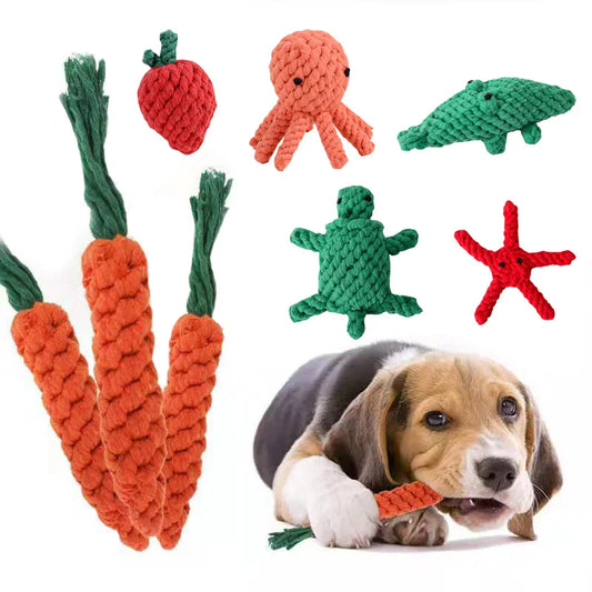 Colorful Handmade Cotton Rope Dog Chew Toy - Carrot, Bone, Pear, Octopus, Starfish, Crab and more