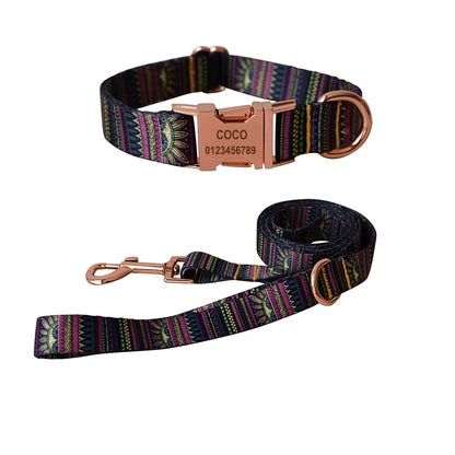 HeritagePaws Ethnic Dog Collar & Leash Set - Custom Engraved for All Breeds