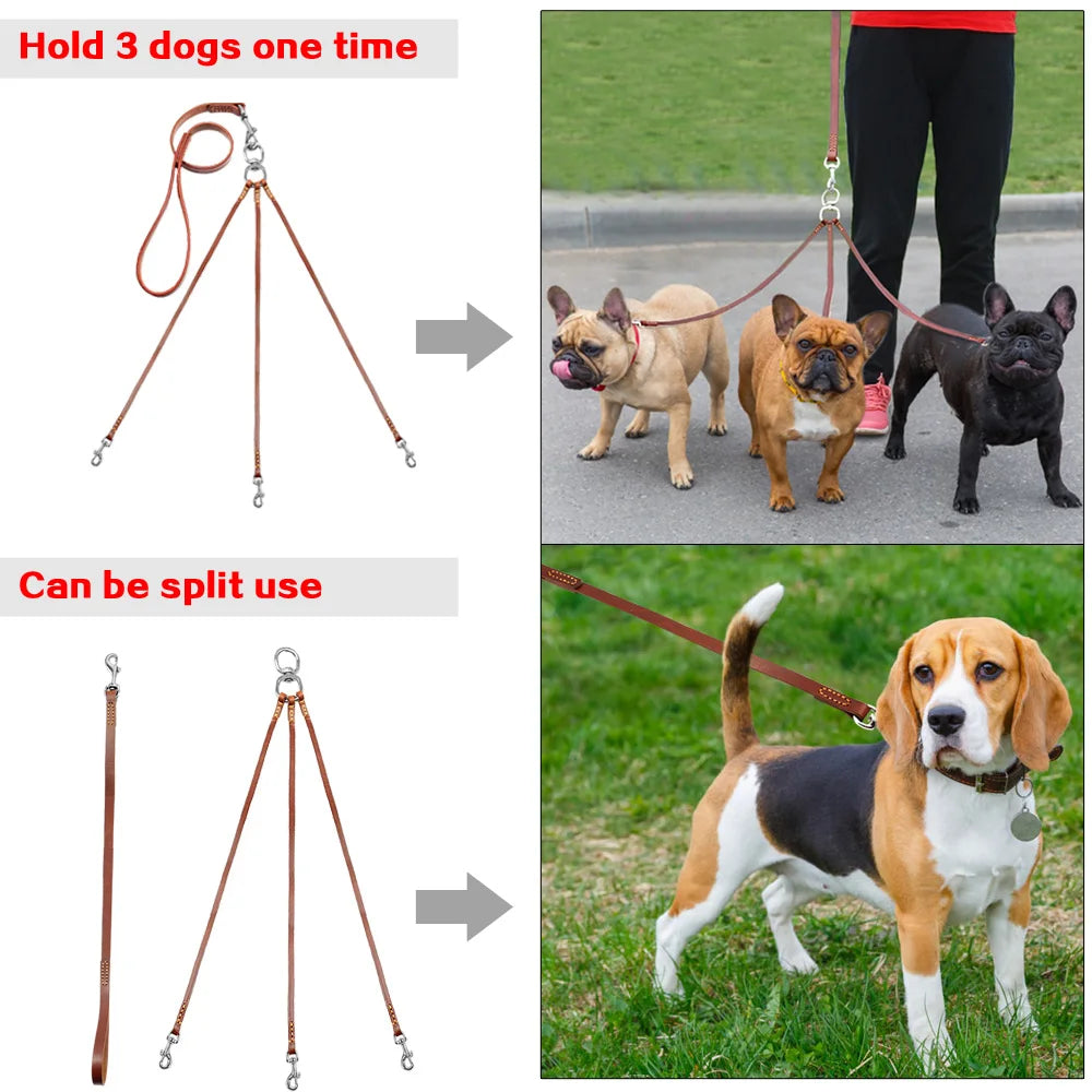 Effortless Trio: Leather No-Tangle Triple Dog Leash Coupler