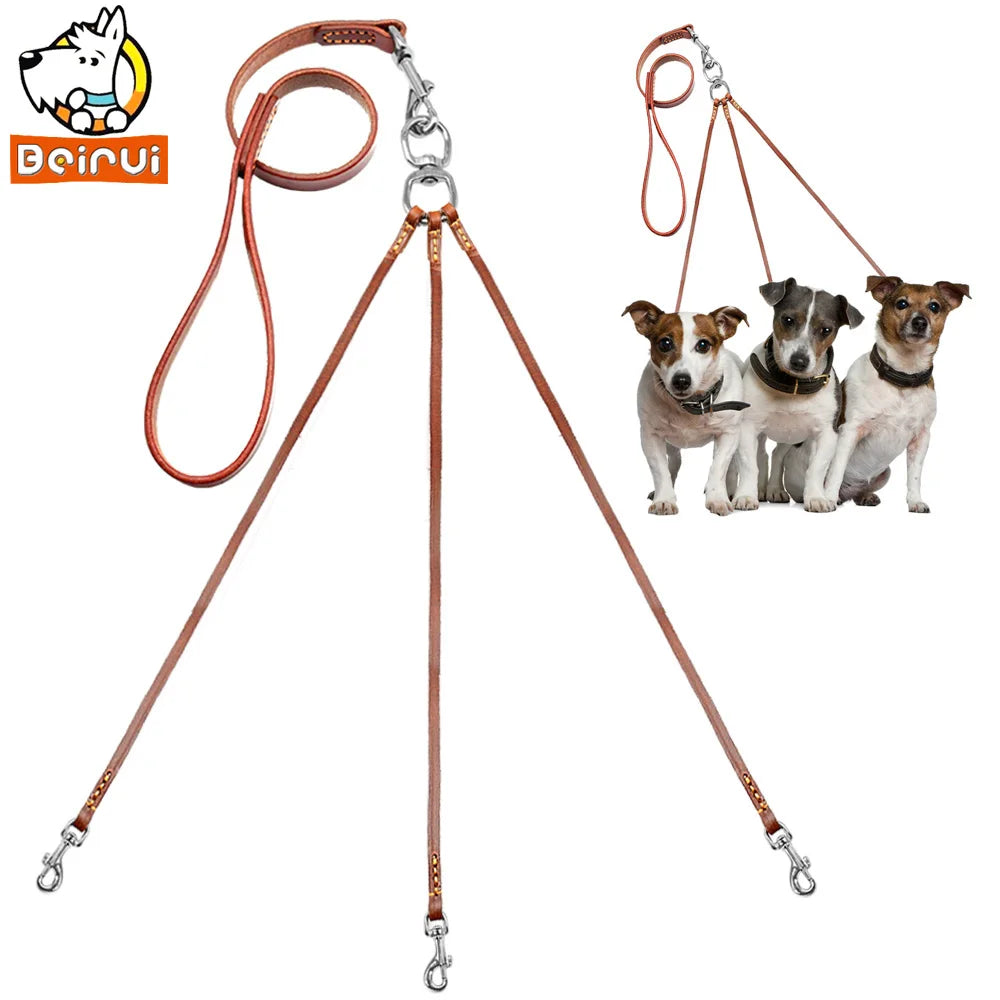Effortless Trio: Leather No-Tangle Triple Dog Leash Coupler
