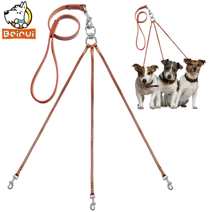 Effortless Trio: Leather No-Tangle Triple Dog Leash Coupler