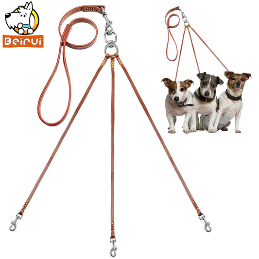 Effortless Trio: Leather No-Tangle Triple Dog Leash Coupler